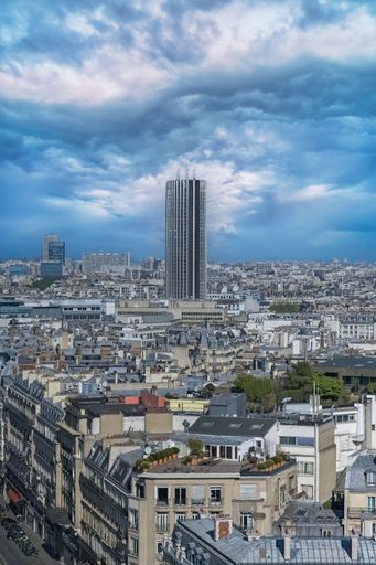 Paris, beautiful Haussmann facades and roofs in a luxury area of the capital, view from the triumph arch, with the Montparnasse tower