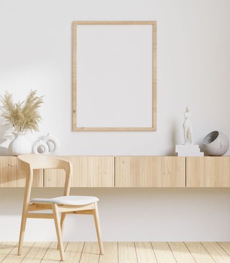 A 3D illustration of the minimalistic and spacious living room featured with wooden furniture