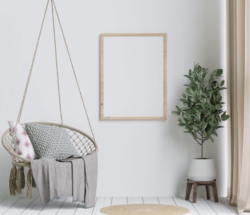 A 3D illustration of the minimalistic and spacious living room featured pastel hanging chair