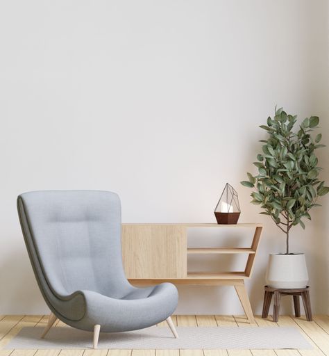 A 3D illustration of the minimalistic and spacious living room featured a pastel sofa