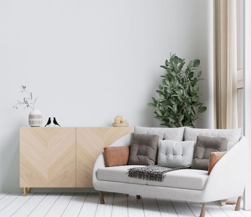 A 3D illustration of the minimalistic and spacious living room featured with pastel furniture