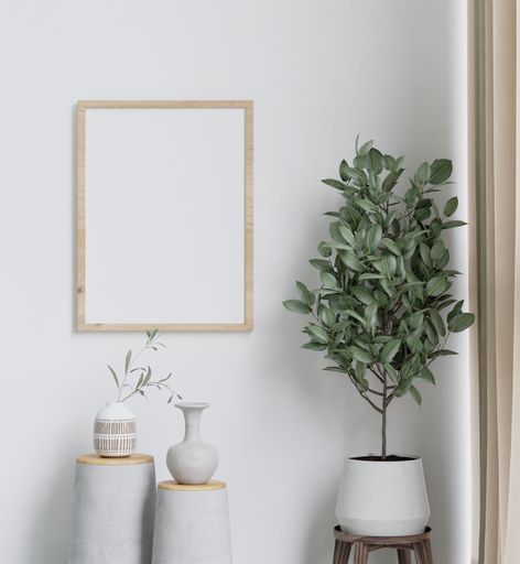 A 3D illustration of a minimalistic home interior featured pastel decor, a mirror, and a plant