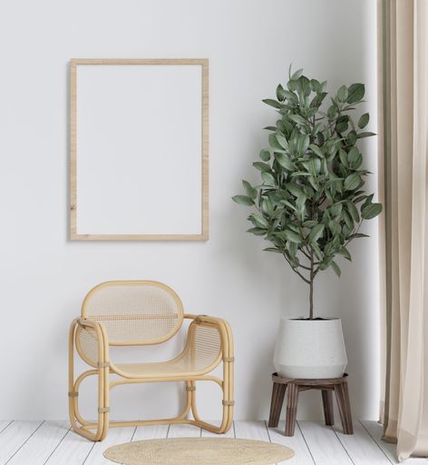 A 3D illustration of the minimalistic and spacious living room featured with wooden furniture