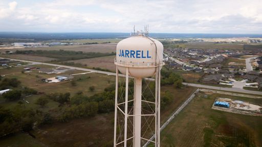 An aerial view of a water tower in Jarrell, Texas, USA