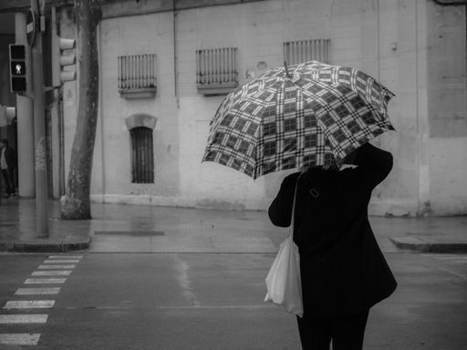 A grayscale shot of someone crossing on the street with an umbrella