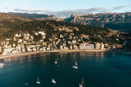 An aerial view of the cityscape in Mallorca, Spain with the city in the background