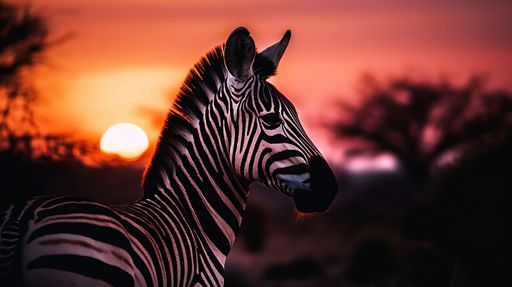 An African zebra stands against a vibrant golden sunset in a savannah environment