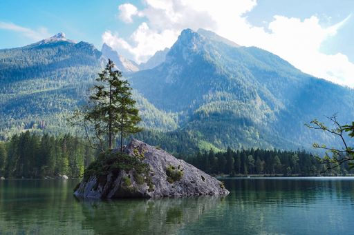 idyllic lake Hintersee at Berchtesgaden national park near Ramsau, bavarian alps, Bavaria, Germany