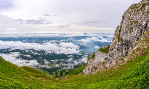 A scenic view of a lush grassy hillside with a range of majestic mountains in Switzerland