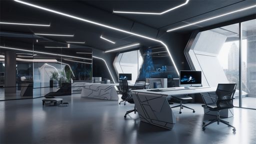 This interior image showcases a modern workspace with multiple desks and computers as well as a television monitor