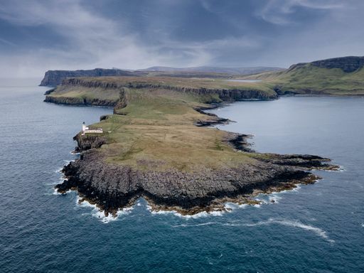 An aerial view of Neist Point Lighthouse from above