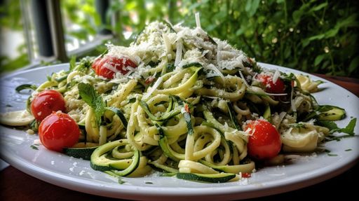 A plate of freshly cooked zucchini spaghetti tomatoes, garnished with parsley, ready to be enjoyed