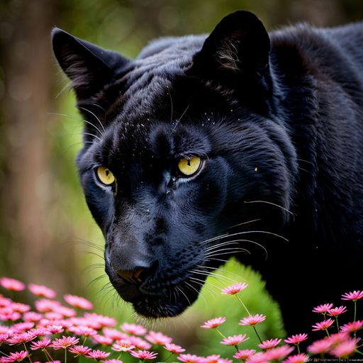 A beautiful panther surrounded by pink flowers