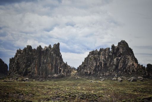 The iconic "Dragons Teeth" rock formation at Mt Satima, Aberdares, Kenya, a favorite spot for hikers.