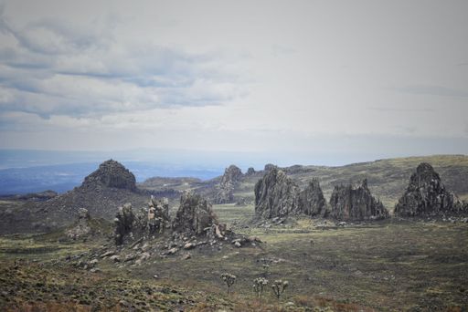The iconic "Dragons Teeth" rock formation at Mt Satima, Aberdares, Kenya, a favorite spot for hikers.