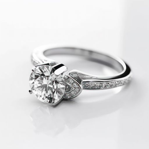 A close-up shot of a beautiful diamond engagement ring resting on a white surface.