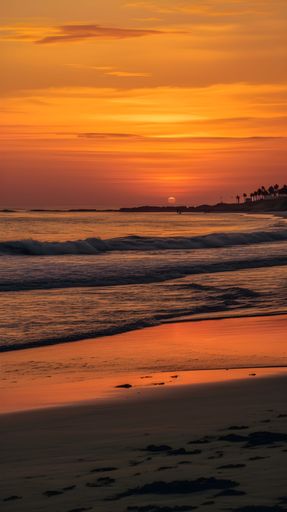 A vertical shot of a beach with the sun setting over the horizon, reflecting off of the tranquil water