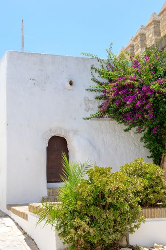 A building decorated with amazing flowers in Vejer de la Frontera, Spain
