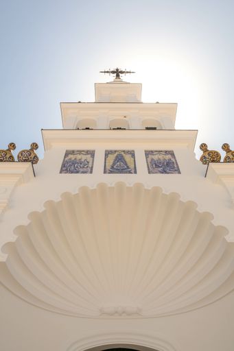 A low-angle shot of the Sanctuary of Our Lady of Rocio, El Rocio, Huelva, Spain