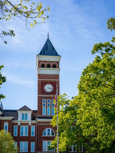 The clock tower of Tillman Hall at Clemson University.