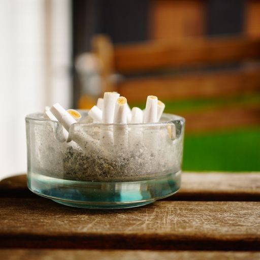 A close-up shot of a glass ashtray with a collection of smoked cigarettes inside