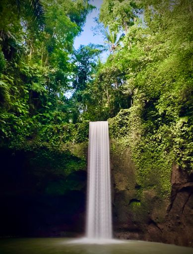 A majestic waterfall cascading down a lush green hill in a secluded jungle