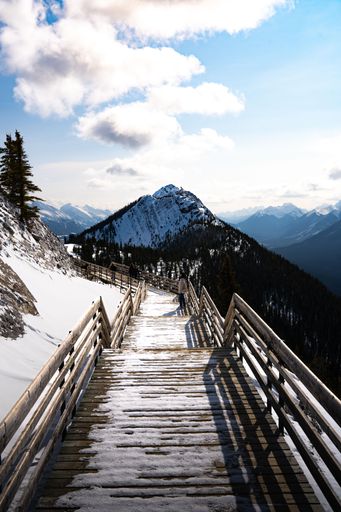 The snowy boardwalk on Sulphur Mountain. Banff National Park, Alberta, Canada.