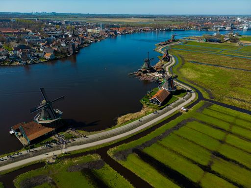 An aerial view of the picturesque village of Zaanse Schans