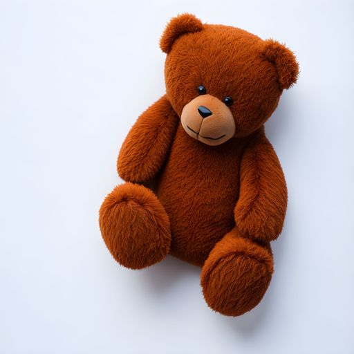 An overhead view of a plush, brown teddy bear resting on a pristine white background