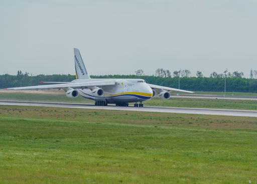 An Antonov 124-100 aircraft is pictured on the runway at Leipzig Airport
