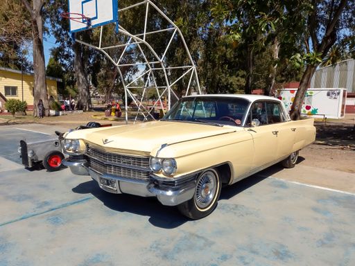 Old cream luxury 1960s Cadillac four door sedan in a park. Sunny day. Nature, grass, trees. AAA 2022 classic car show.