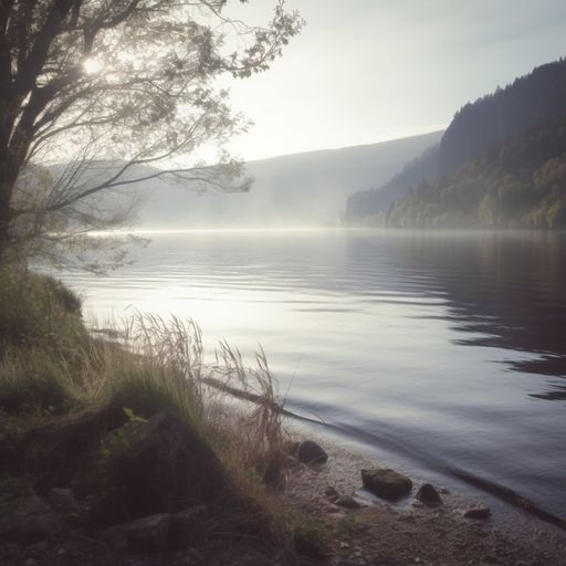 A scenic view of a lake surrounded by a forest, shrouded in a misty fog