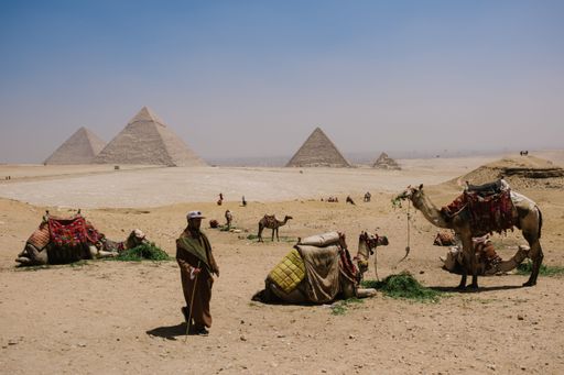 A man in traditional attire stands near camels in a desert landscape with pyramids