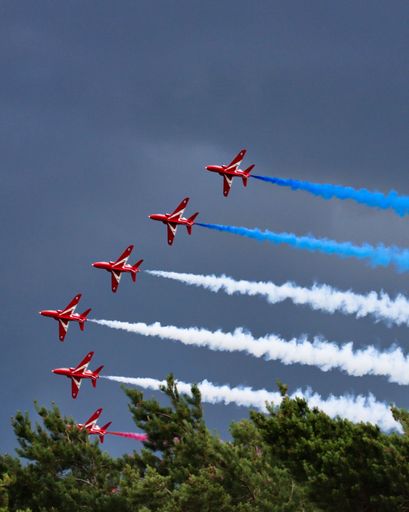 The Red Arrows jets flying in formation above a row of trees
