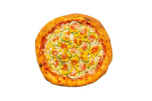 Top view of vegetarian pizza isolated on white background made of zucchini, mozzarella, tomato and corn.
