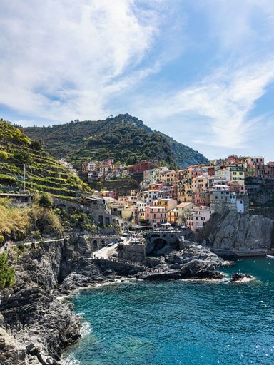 The town of Manarola,  the second-smallest of the famous Cinque Terre in the province of La Spezia, Liguria, northern Italy