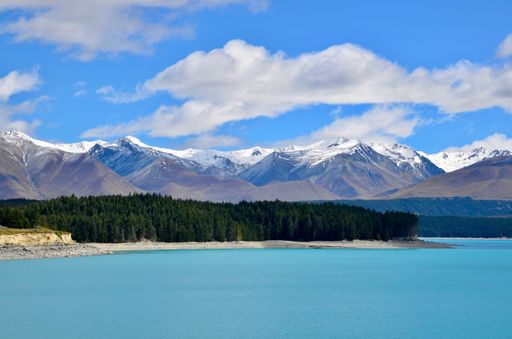 A lake surrounded by a lush green forest and majestic mountains in the backdrop in South Island, NZ.