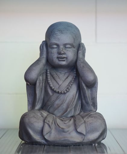 A vertical shot of buddha against a white wall