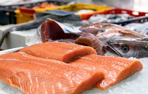A closeup shot of salmon slices and seafood on ice