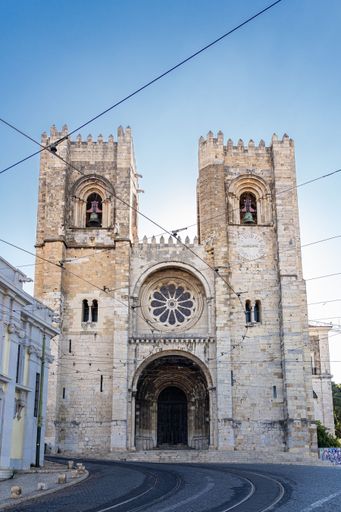 View of the main facade of the old cathedral of Lisbon in Portugal.