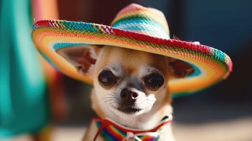 A portrait shot of a cute chihuahua dog with a sombrero on its head.