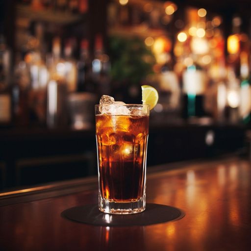 A crystal clear glass of bubbly soda sitting atop a sleek, wooden bar counter