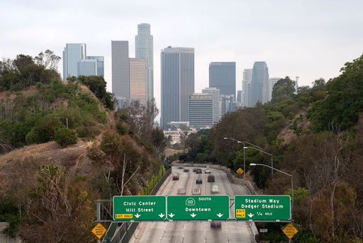 An aerial view of traffic going to downtown Los Angeles on the 101 Freeway in CA, USA