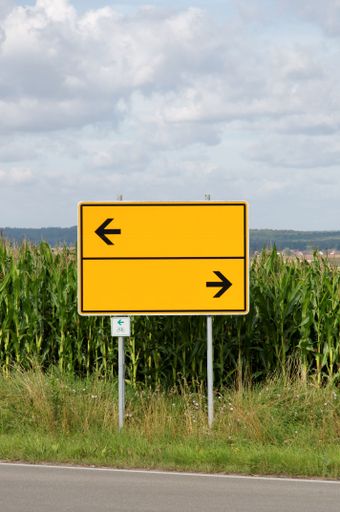 A vertical shot of a yellow direction street sign pointing down a winding country road