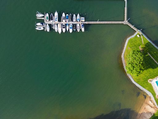 An aerial shot of a picturesque harbor on Lake Norman in Cornelius, North Carolina