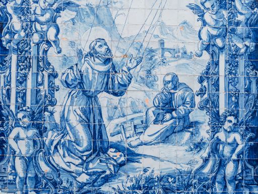 A closeup of blue vintage Portuguese tiles in Porto