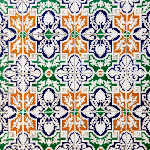 A closeup of colorful Spanish tiles that are decorated in high detail