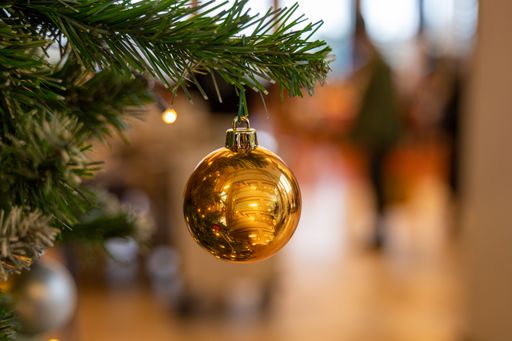 A golden Christmas tree ornament hangs delicately off of a festive pine branch, illuminated by the warm light of a nearby window