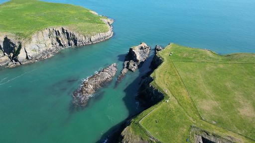 Aerial view of Cardigan Island, located off the coast of Wales in the United Kingdom