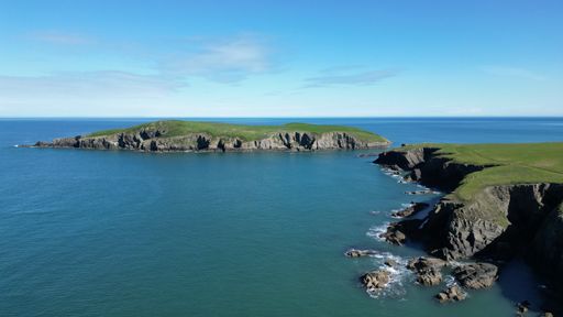 Aerial view of Cardigan Island, located off the coast of Wales in the United Kingdom